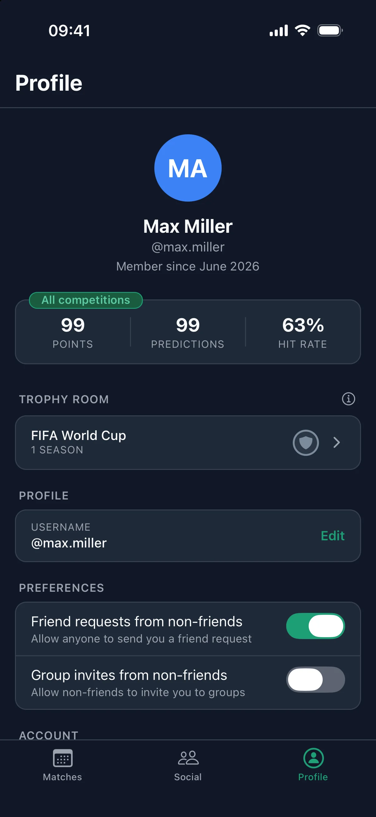 futcup app: Profile