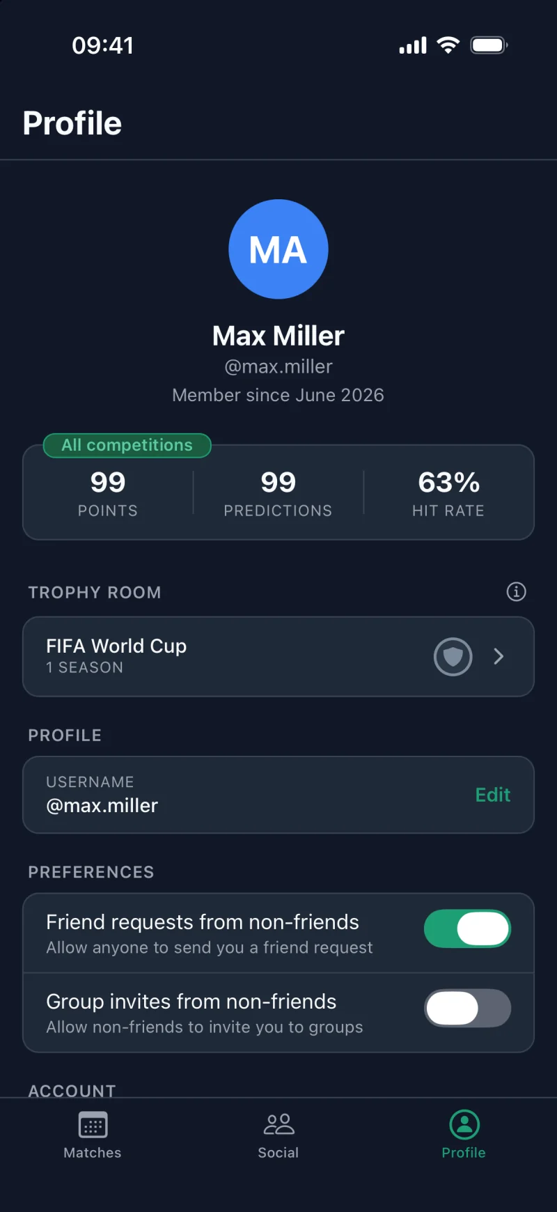 futcup app: Profile